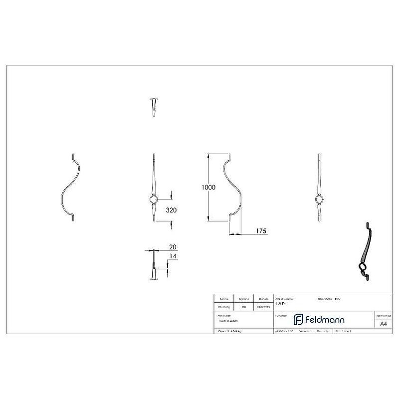 Barre galbée 20x12mm, martelée, H : 1000mm