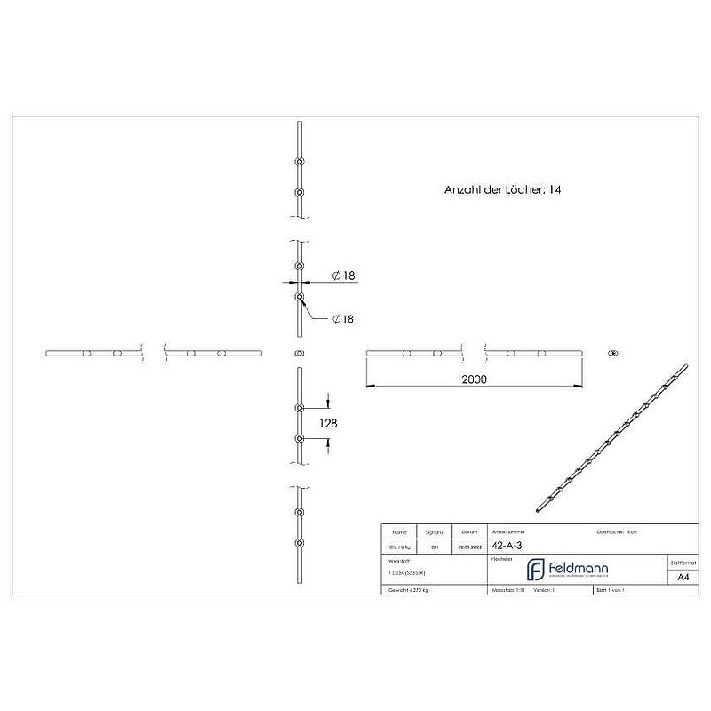 Perforated strip S235JR, 18mm, hole spacing 128mm, 2000mm