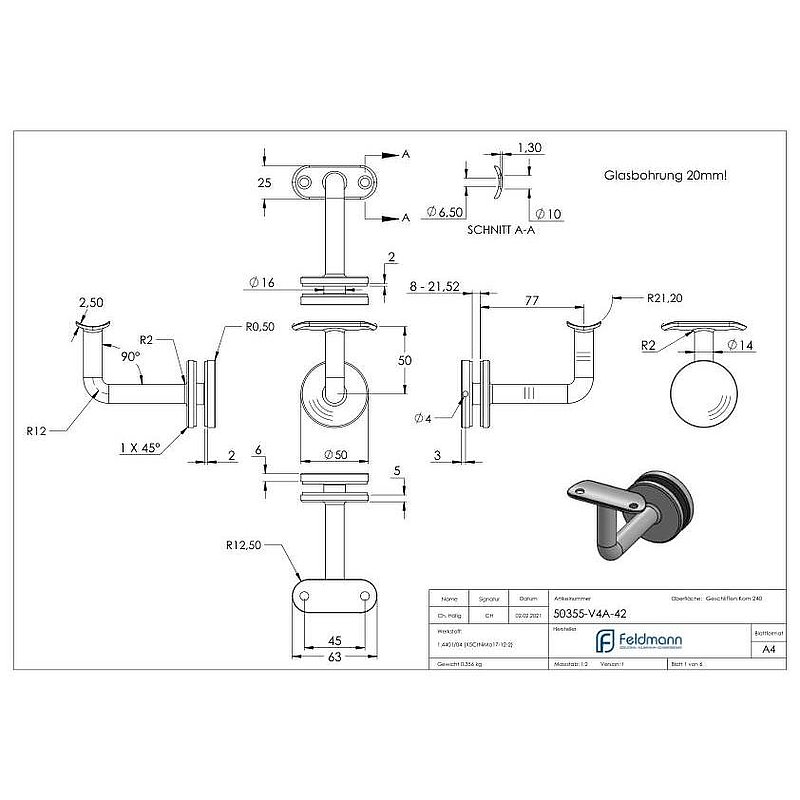 Handlaufhalter für Glas, Handlaufanschlussplatte 42,4mm, V4A