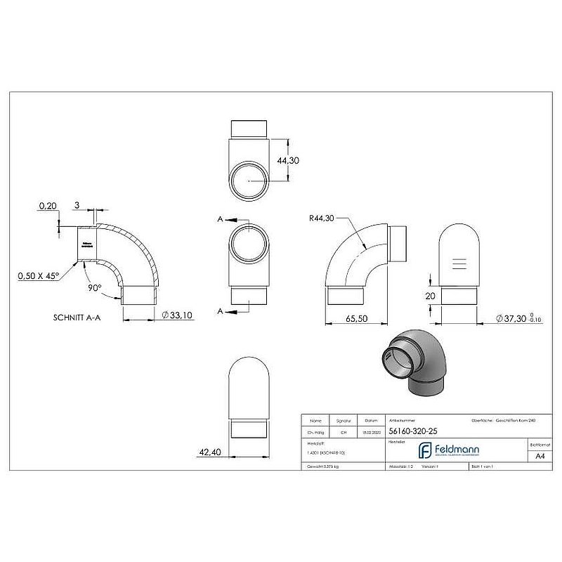 Rohrbogen 90°, für Rohr 42,4x2,5mm, V2A
