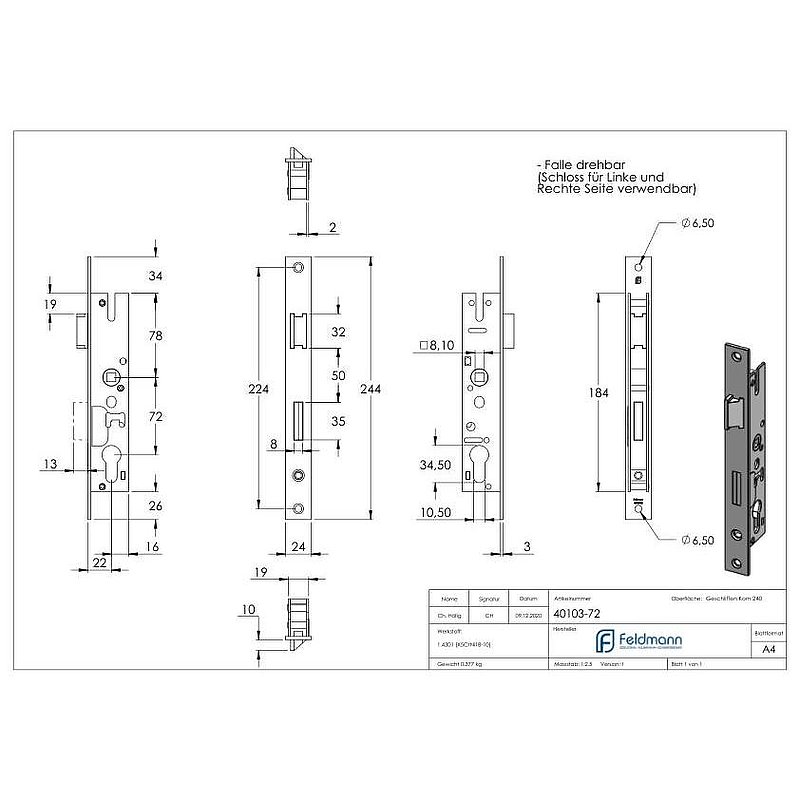 Rohrrahmenschloss verzinkt, Abstand 72 mm verzinkt, Dornmaß 22mm