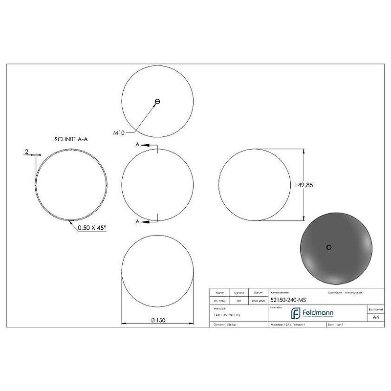 Hollow brass ball Ø 150mm with M10