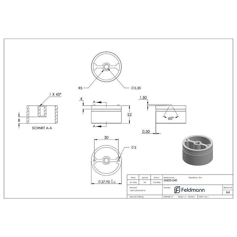 Adapter für Ø42,4mm Holzhandlauf, V2A