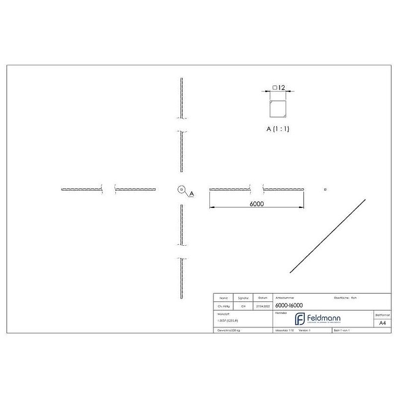Vierkant S235JR, 12x12mm, L: 6000mm