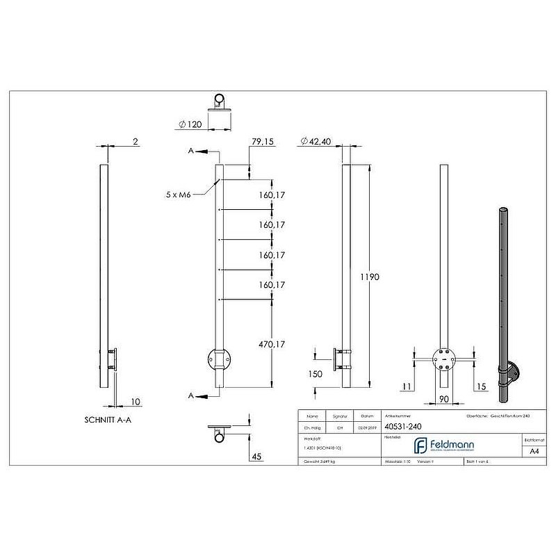 Stainless steel post AISI304 for wall mounting, H: 1190mm