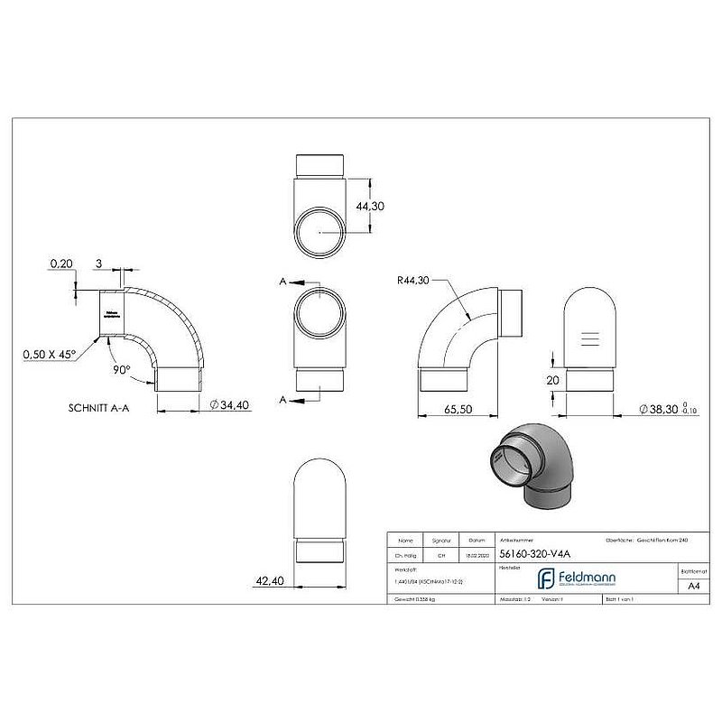Rohrbogen 90°, für Rohr 42,4x2,0mm, V4A