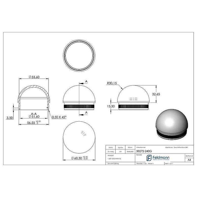 Rohrabschlussstopfen, für Rohr 60,3x2,0mm, V2A