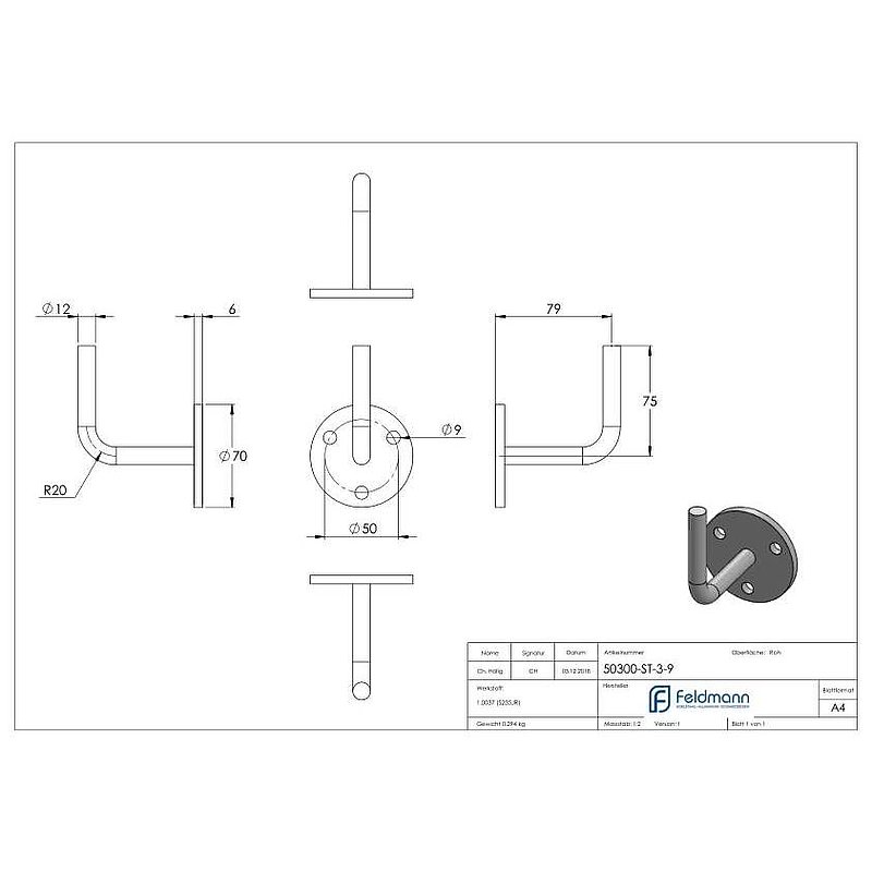 Support mural de main-courante à souder, 70x6mm