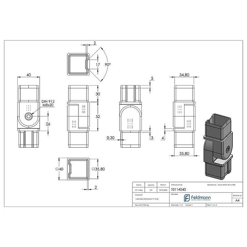 Verbindungsgelenk für Rohr 40x40x2,00mm, V4A