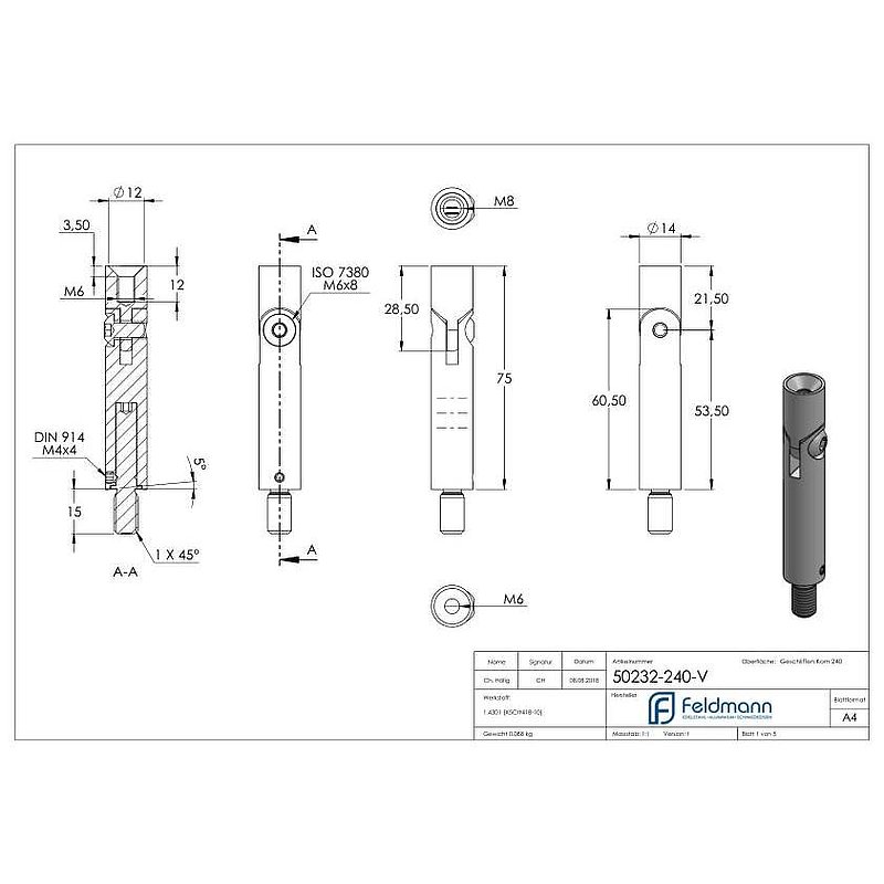 Tige articulée Ø 14mm, L: 76mm, V2A