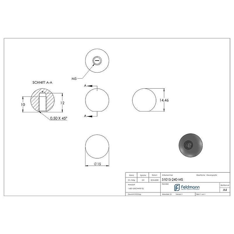 Brass ball Ø 15mm with M5