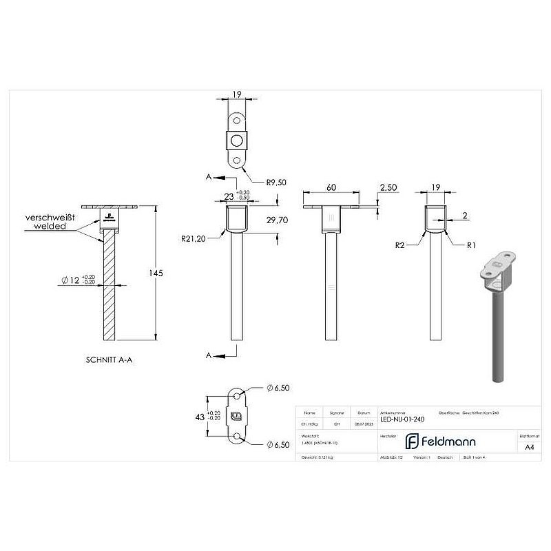Goupille avec plaque de raccordement pour main courante LED, pleine, V2A