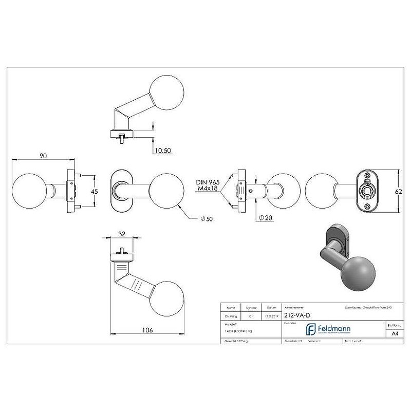 Drückerknopf, Ø 50mm, drehbar, V2A