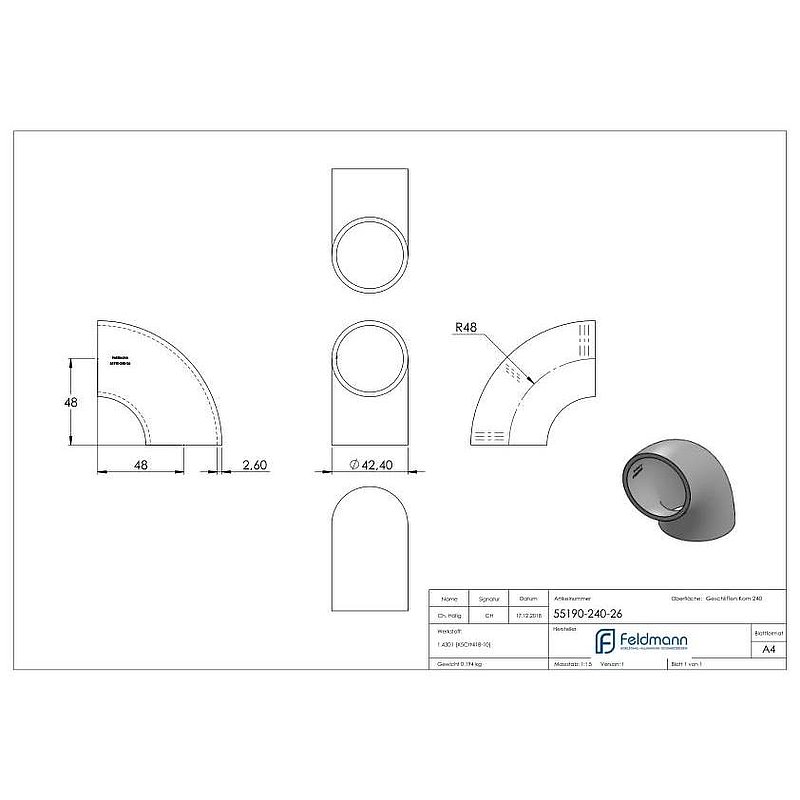 Schweißbogen 90°, 42,4x2,6mm, V2A
