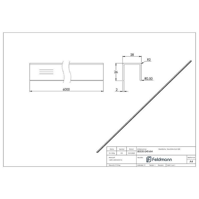 Profilé acier inoxydable en U, 28x26x2mm, L: 6000mm, V2A