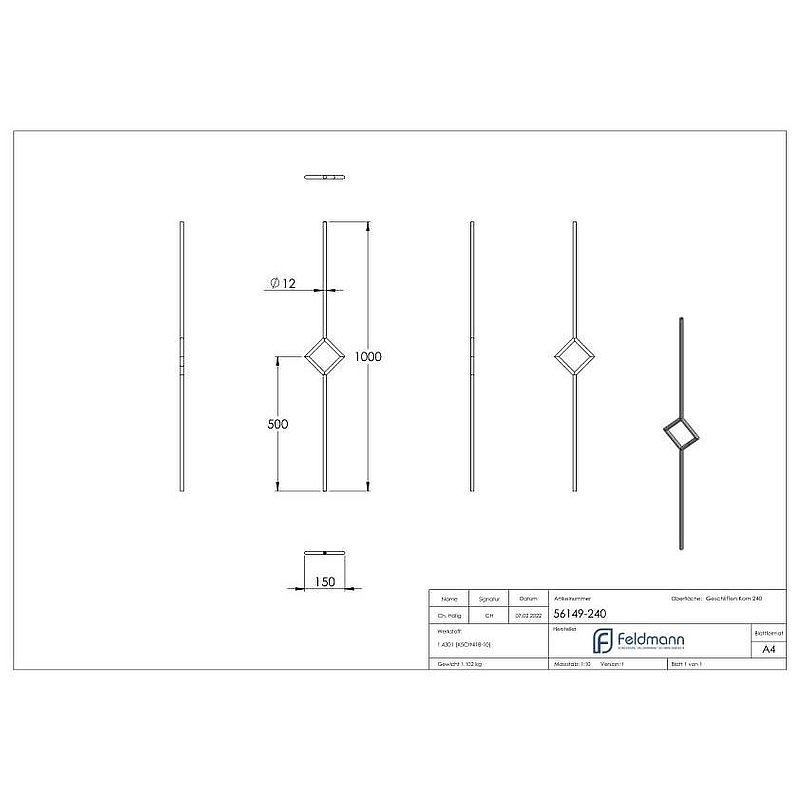 Decorative rod made of Ø 12mm, with square, H: 1000mm, AISI304