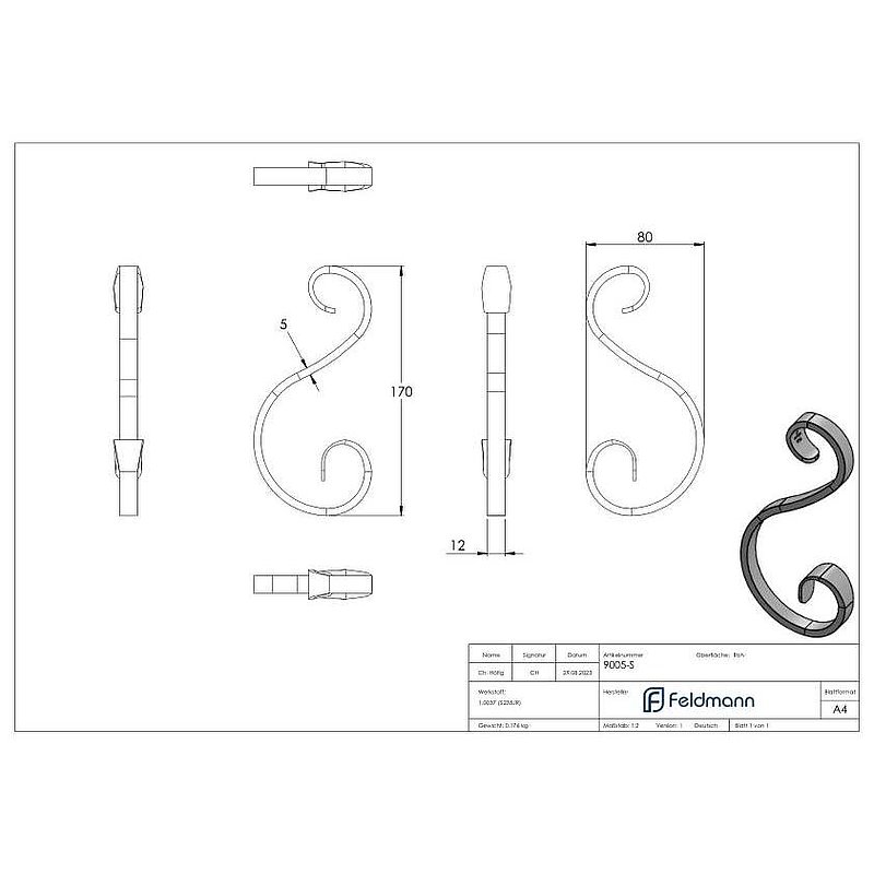 S-Schnecke 12x5mm, 170x80mm
