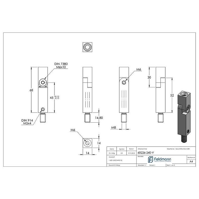 Gelenkstift aus 14x14mm, L: 68mm, V2A