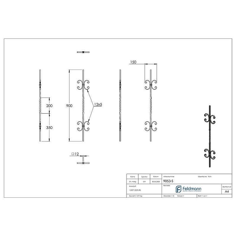 Zierstab 12x12mm, glatt, H: 900mm