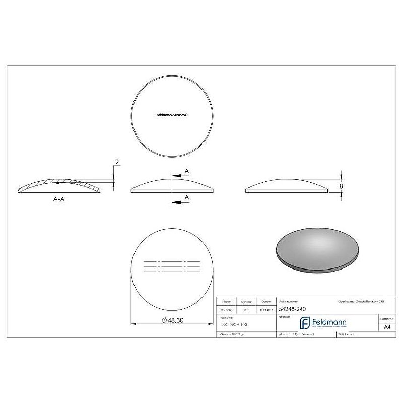 Domed bowl Ø 48.3x2.0mm, H: 8mm, AISI304