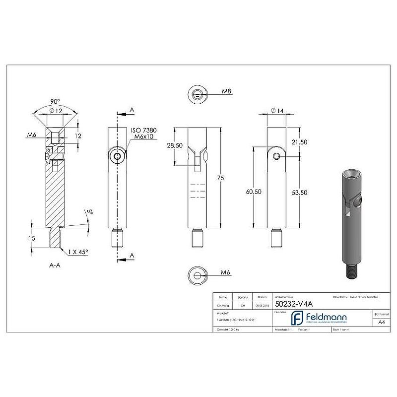 Tige articulée Ø 14mm, L: 76mm, V4A
