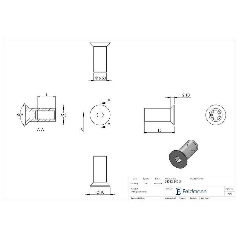 Hülsenmutter mit Senkkopf und ISK, M5x15, V2A