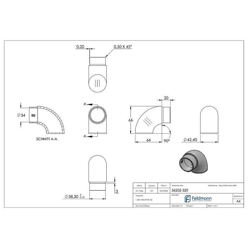 Endbogen 90° flach, für Rohr 42,4x2,0mm, V2A