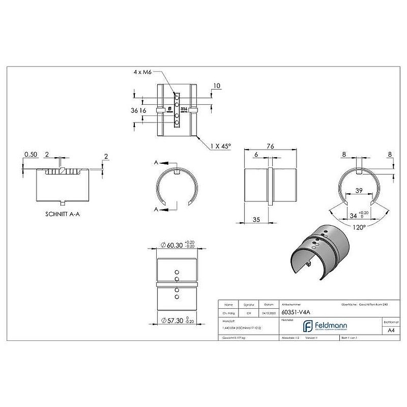Tube connector for grooved tube 60.3x1.5mm, AISI316