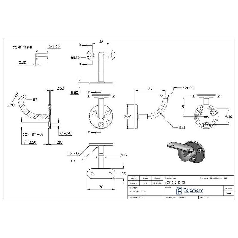 Handrail bracket with handrail connection plate 42.4mm, (round plate and bracket welded), AISI304