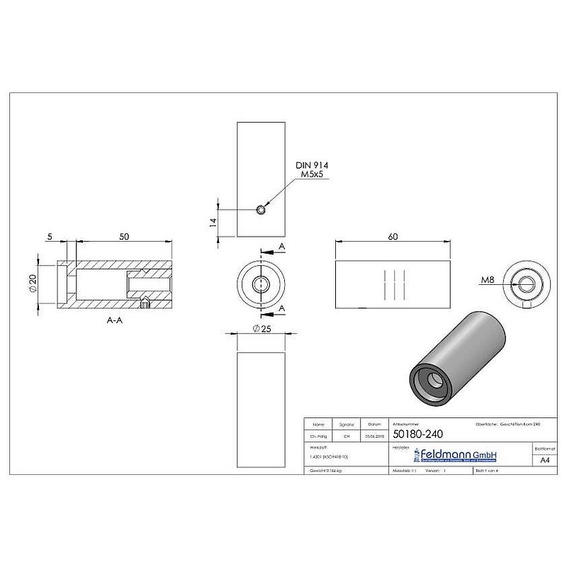 Pipe spacer - for straight surfaces, AISI304