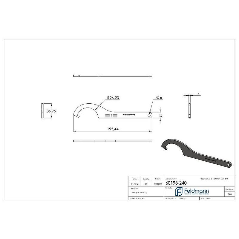 Open-end spanner for point glass holder 52mm, AISI304