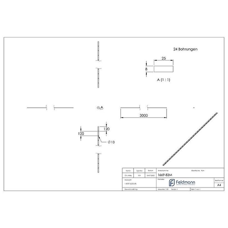 Lochleiste S235JR, 25x8mm, Lochabstand 120mm, 3000mm