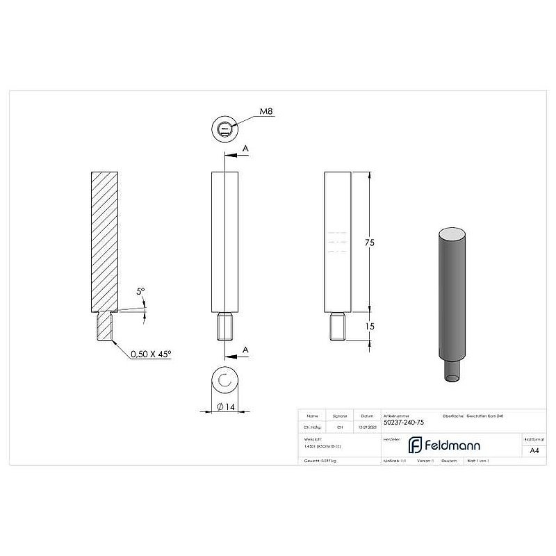 Stift Ø 14mm, L: 75mm, V2A