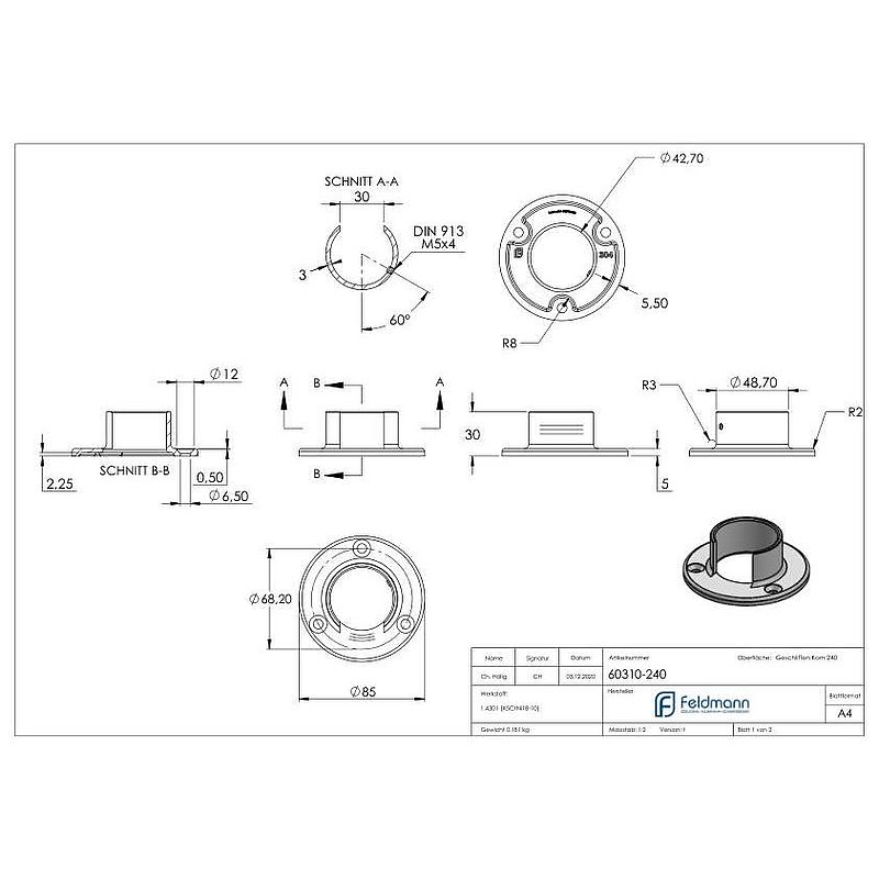 Wall mounting for slotted tube 42.4 mm, AISI304