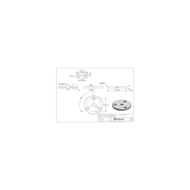 Ronde Ø 70 x 6mm, 3x Bohrung 8,5mm gesenkt, 1x Mittelbohrung 12,2mm, mit Rundschliff, V2A
