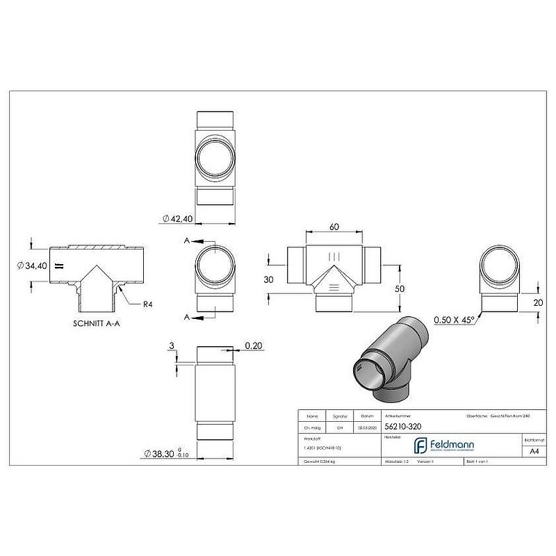 T-Stück, für Rohr 42,4x2,0mm, V2A