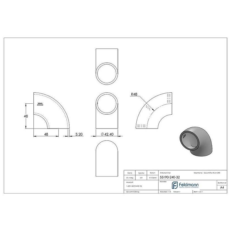 Schweißbogen 90°, 42,4x3,2mm, V2A