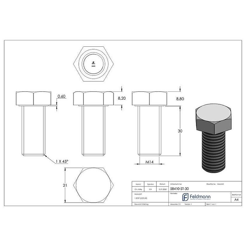 Sechskantschraube M14 x 30, Stahl verzinkt, DIN 933