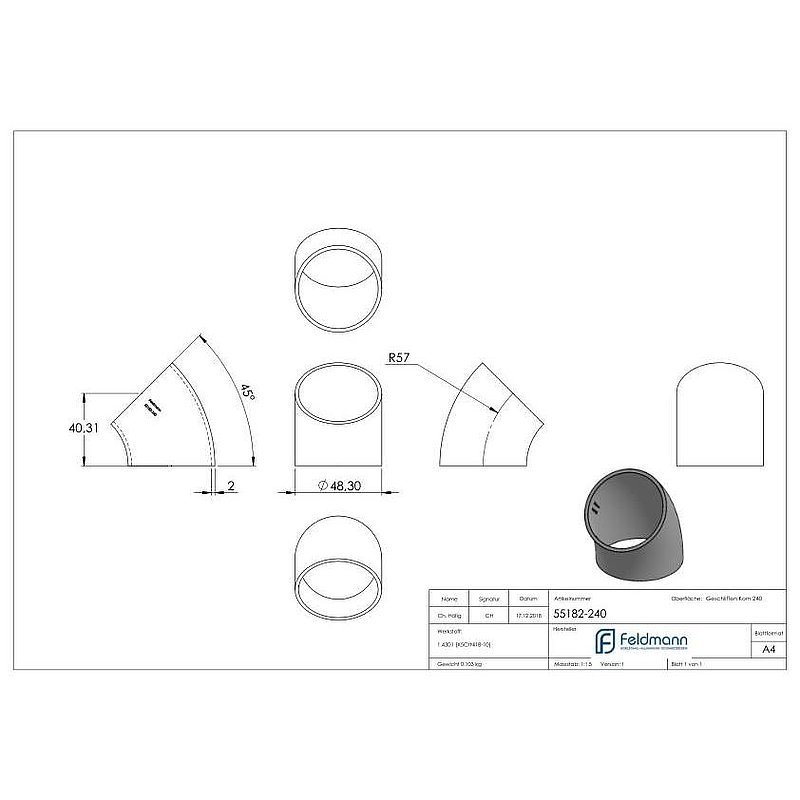 Welding elbow 45°, 48,3x2,0mm, AISI304