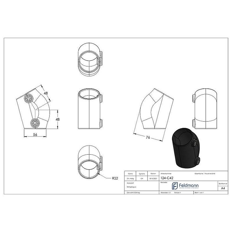 Raccord coudé, inclinaison variable 15 - 60°, pour tube Ø 42,4mm