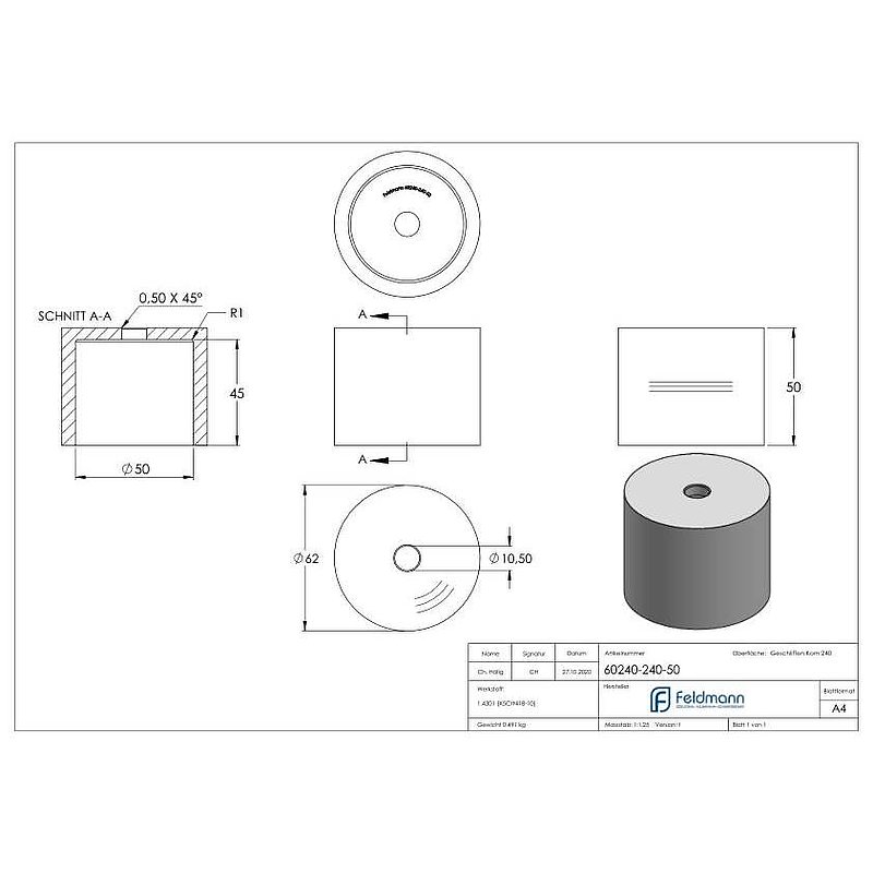 Unterteil für 62mm Glaspunkthalter, t: 50mm, V2A
