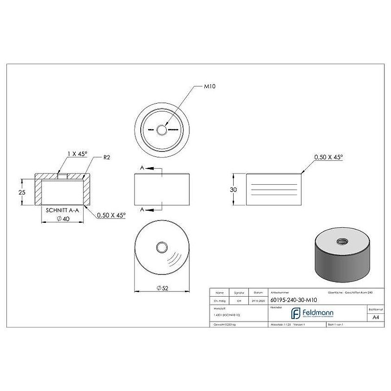Unterteil für 52mm Glaspunkthalter, t: 30mm, mit M10, V2A