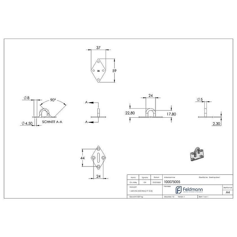 Fixing eyelet with square plate AISI316