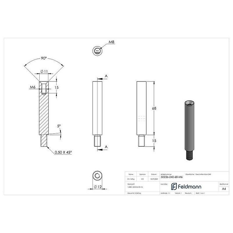 Stift Ø 12mm, L: 68mm, V2A