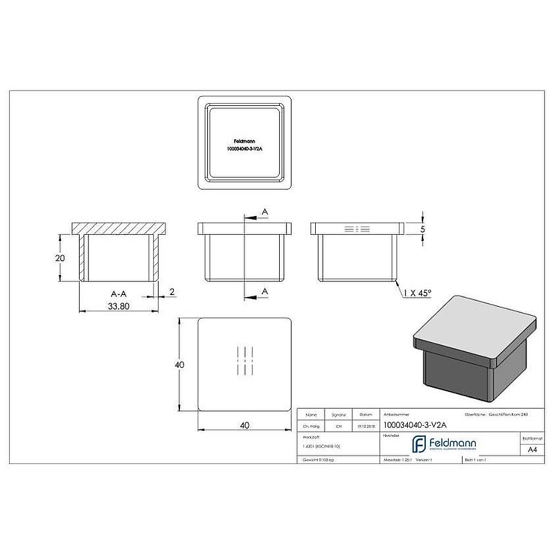 Einsteckkappe, für Rohr 40x40x3,0mm, V2A