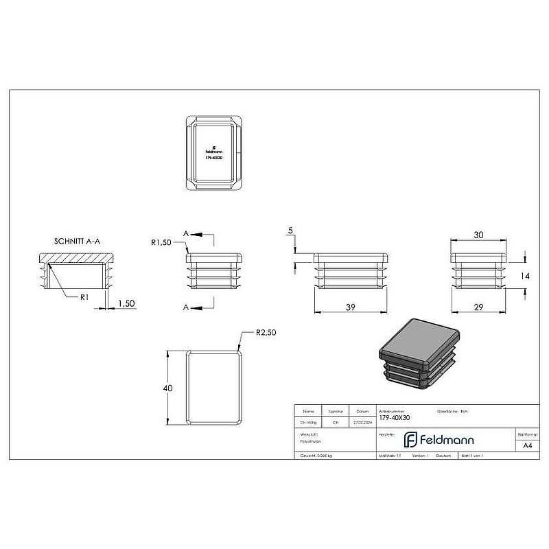 Kunststoffkappe für Rechteckrohr 40x30mm