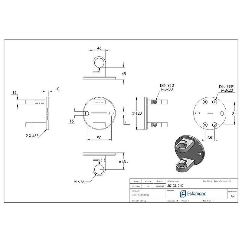 Fixation murale pour poteau de garde corps 33,7mm, V2A