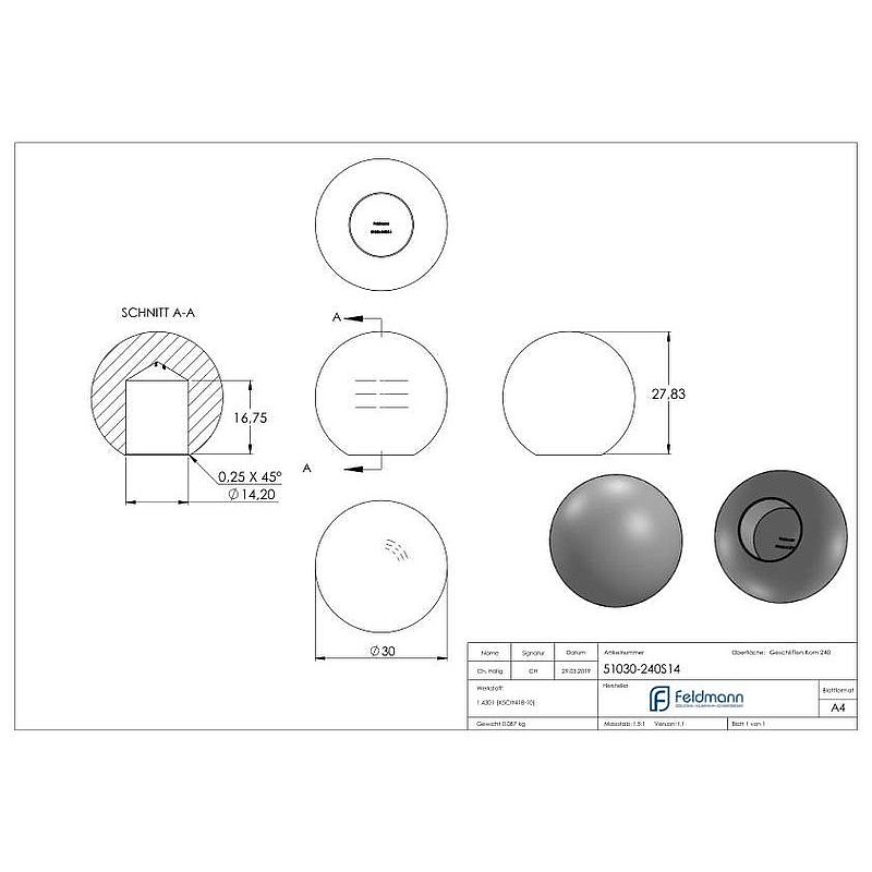 Boule pleine Ø 30mm avec trou borgne Ø 14,2mm, V2A
