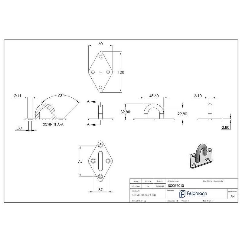 Fixing eyelet with square plate AISI316
