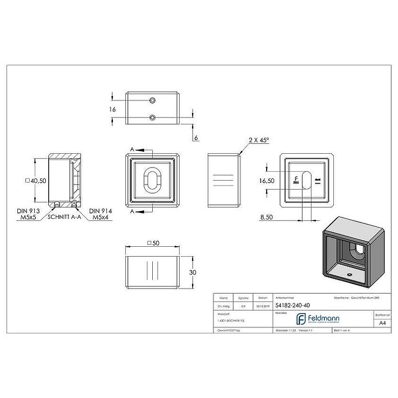 Wandbefestigung für Quadratrohr 40x40mm, V2A